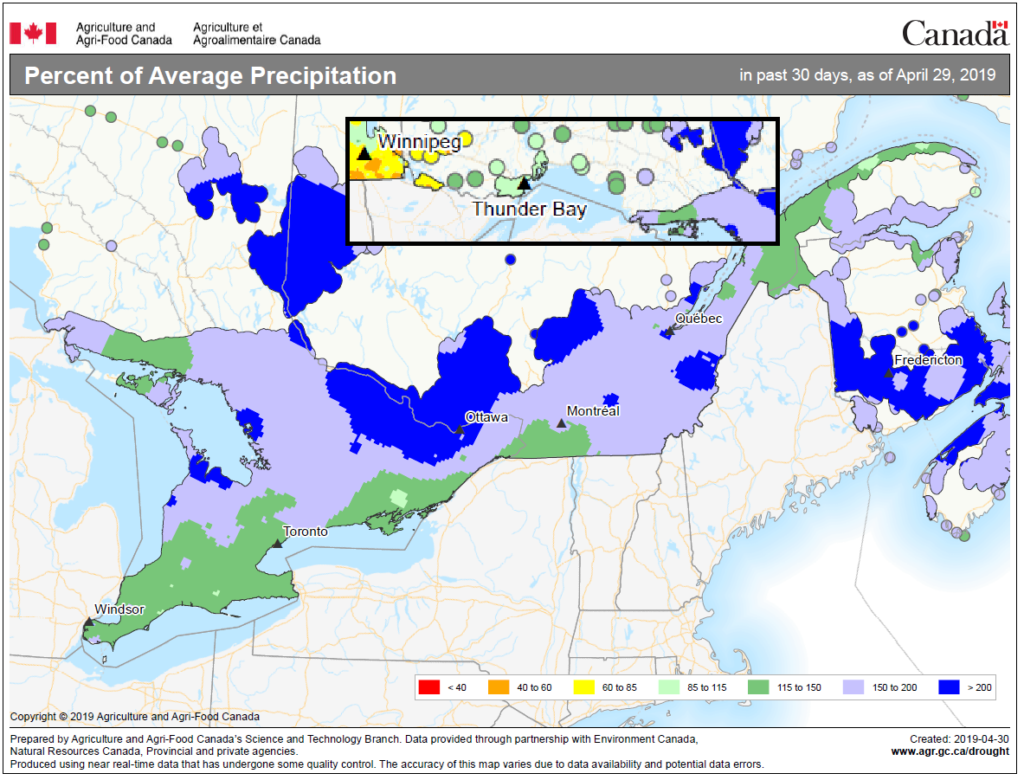 Map showing percent of average precipitation received across Ontario during April 2019