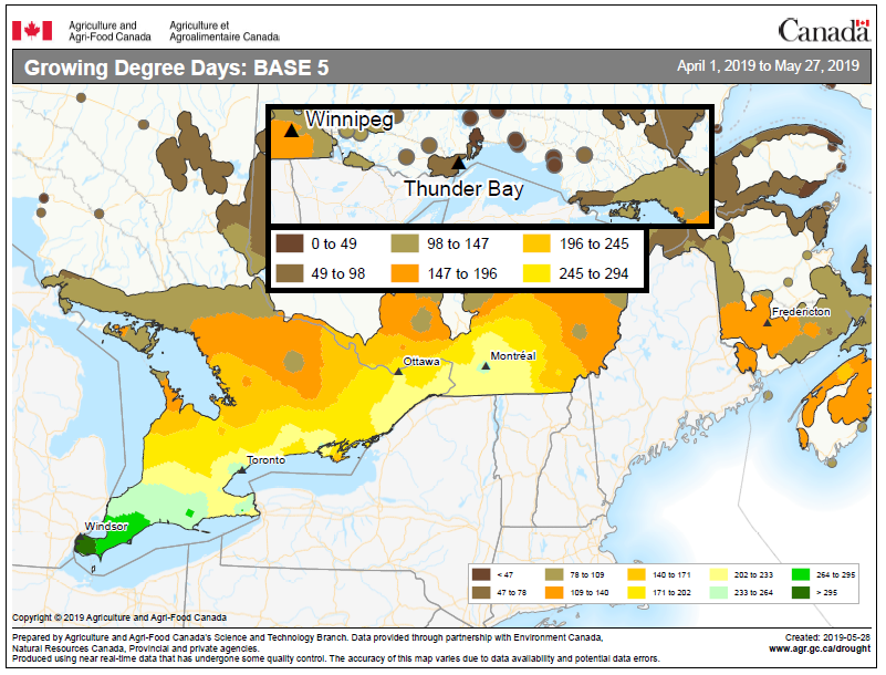 map showing accumulation of growing degree days in Ontario from April 1 to May 27, 2019