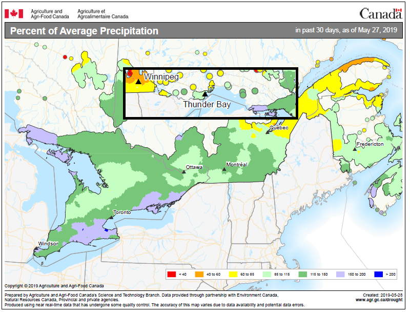 map showing the percent of average precipitation in Ontario for May 2019
