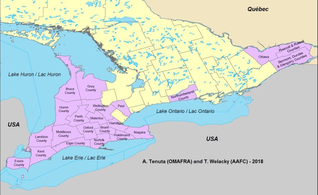 Comtés de l’Ontario où la présence de NKS a été confirmée. Le NKS est maintenant présent dans 22 comtés