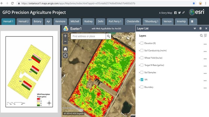 image of the interactive story map showcasing the results of the precision agriculture advancement for Ontario project