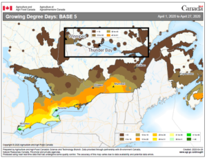 Map of Ontario showing the number of growing degree days base 5C accumulated as of April 27, 2020