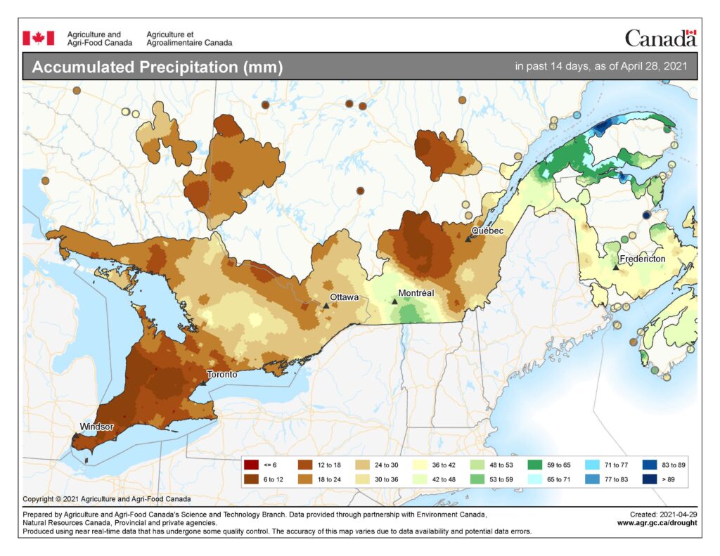 A map of Ontario and Quebec showing 14-day cumulative precipitation preceding April 28th, 2021. 