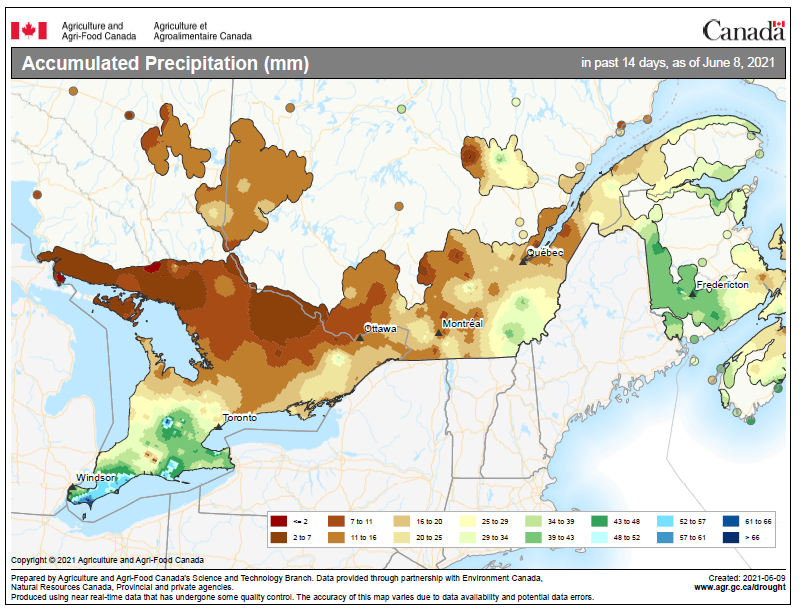 rainfall map for Ontario, 14 days preceding June 8, 2021