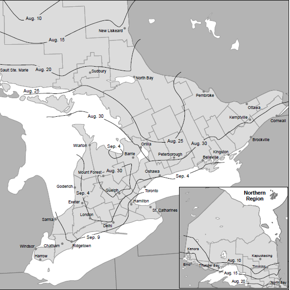 map depicting the start of the alfalfa fall rest period across Ontario