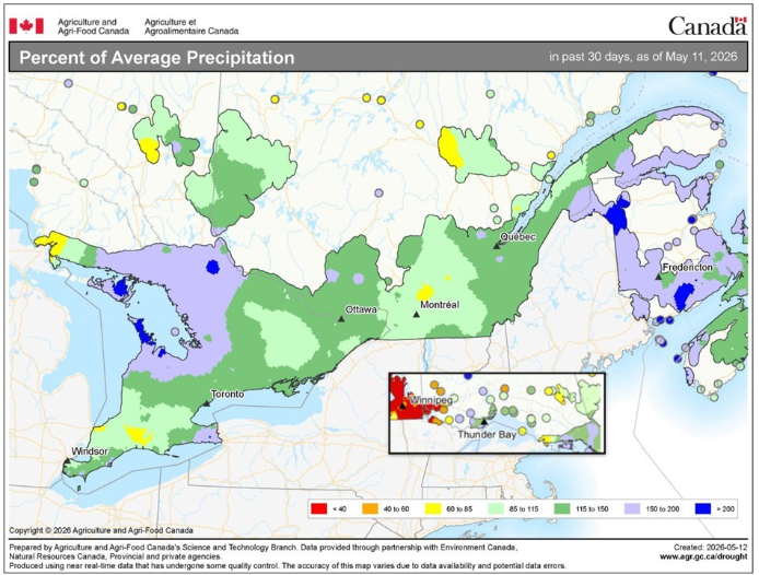 Percent of average precipitation, showing above normal rainfall amounts for the Niagara Peninsula, parts of Grey, Bruce and Simcoe Counties, and below normal rainfall amounts for Rainy River and Kenora Districts, and drier conditions in Algoma and Cochrane. 
