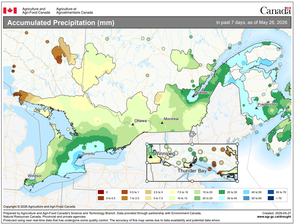Accumulated 7 day precipitation as of May 26, 2026. Source: Maps of current agroclimate conditions - Agriculture and Agri-Food Canada