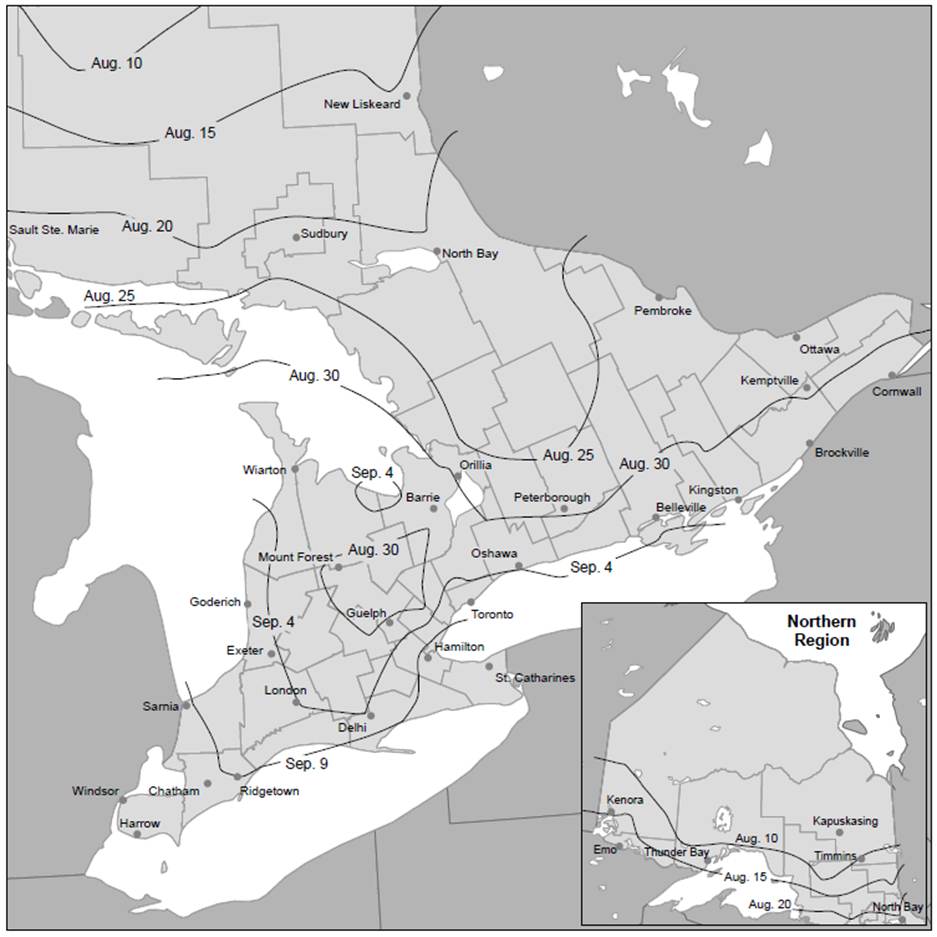 The average start date of the alfalfa fall rest period across Ontario